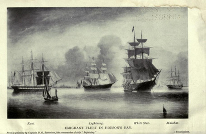 Emigrant fleet in Hobson's bay (Kent, Lightning, White Star, Malabar)