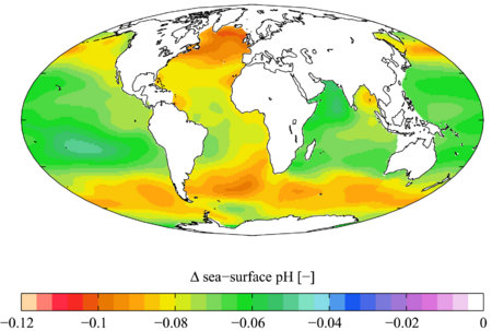 Estimated change in annual mean sea surface pH from 1770s-1990s (GLODAP)