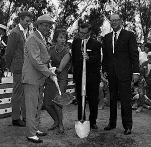 Gene Autry, Pat Wymore, Chuck Chandler and Del E. Webb at groundbreaking for Angel Stadium