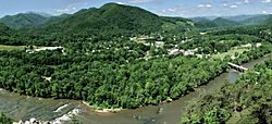 Downtown Hot Springs and the French Broad River, as seen from a Appalachian Trail viewing point.