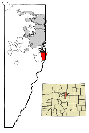 Location of the Columbine CDP in Jefferson and Arapahoe counties, Colorado.