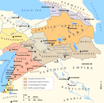 Map includes Osroene as a tributary kingdom of the Armenian Empire under Tigranes the Great