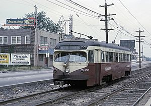 PSTC 22 (PCC) on Ardmore Rail Division along West Chester Pike, near Llanerch Shops in Upper Darby, August 1964