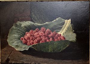 Raspberries on a Leaf (1858) oil on panel painting by Lilly Martin Spencer