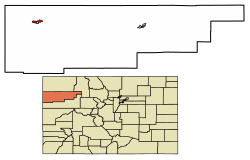 Location of Rangely in Rio Blanco County, Colorado.