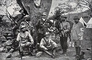 Robert Jutrzenka and Ludwik Zalewski (they are sitting) as soldiers of the German corps during the siege of Kimberley by the Boers in 1899