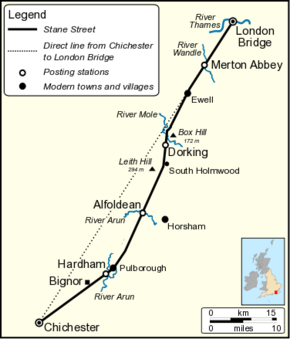 Map showing the route of Stane Street