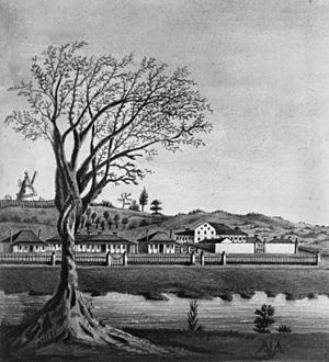 StateLibQld 2 148511 Early drawing of a section of the town of Brisbane, Queensland including the Convict Hospital, 1835.jpg