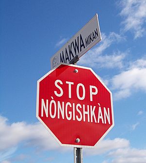 Stop sign (English-Anishinabe) in Kitigan Zibi, Quebec, Canada