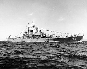 USS Salem (CA-139) at anchor off Sardinia on 19 May 1950 (NH 97604)