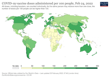 World map of COVID-19 vaccination doses administered per 100 people by country or territory