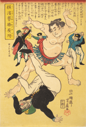 Yokohama-Sumo-Wrestler-Defeating-a-Foreigner-1861-Ipposai-Yoshifuji