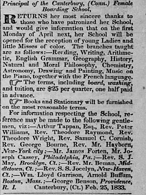 1833 advertisement for Prudence Crandall's school