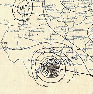 A weather map showing the storm near Texas. Tight contour rings pressure are close to the center, indicating an intense hurricane