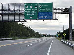 2022-07-07 18 34 35 View west along U.S. Route 9 (Cape Henlopen Drive) just east of U.S. Route 9 Business and Theodore C. Freeman Highway in Lewes, Sussex County, Delaware