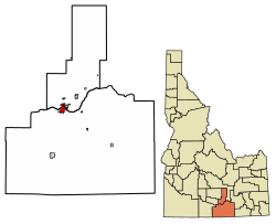 Location of Burley in Cassia County and Minidoka County, Idaho.