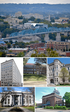 From top, left to right: Chattanooga skyline, Chattanooga Bank Building, Brainerd Junior High School, the Old Post Office, Hamilton County Courthouse, Chattanooga Choo-Choo Hotel