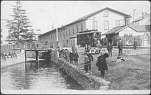 Kids fishing in Hespeler, Ontario, next to a streetcar stop
