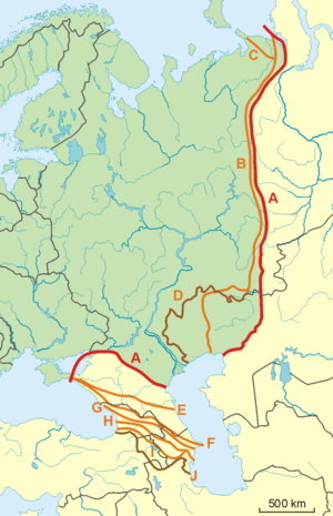 Possible definitions of the boundary between Europe and Asia