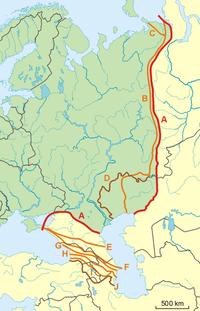 Possible definitions of the boundary between Europe and Asia
