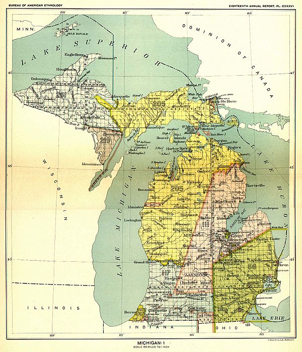 In the 1836 Treaty of Washington, Michigan tribes ceded claims to lands in the yellow (Royce No. 205) area above -- covering eastern Upper Peninsula and the northwestern Lower Peninsula of Michigan to the United States-- and opened it to settlement.