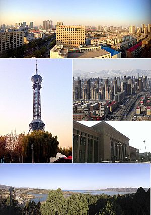 Clockwise from top: Panoramic view near Huaite Building, far view of downtown Shijiazhuang, Hebei provincial museum, Gangnan reservoir, Shijiazhuang TV Tower.