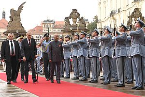 The President, Shri Ram Nath Kovind inspecting the Guard of Honour, during the ceremonial welcome, at 1st Courtyard, in Prague, Czech Republic