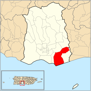 Location of Vayas barrio within the municipality of Ponce shown in red