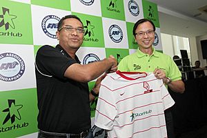 Zainudin Nordin, President of the Football Association of Singapore; and Tan Tong Hai, CEO and Executive Director of StarHub, marking StarHub's appointment as official broadcaster and principal sponsor of the LionsXII - 2012
