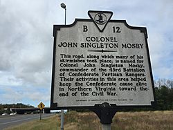 2017-10-09 12 54 14 "Colonel John Singleton Mosby" historical marker along U.S. Route 50 (Lee Jackson Memorial Highway) at Virginia State Route 28 (Sully Road) in Chantilly, Fairfax County, Virginia