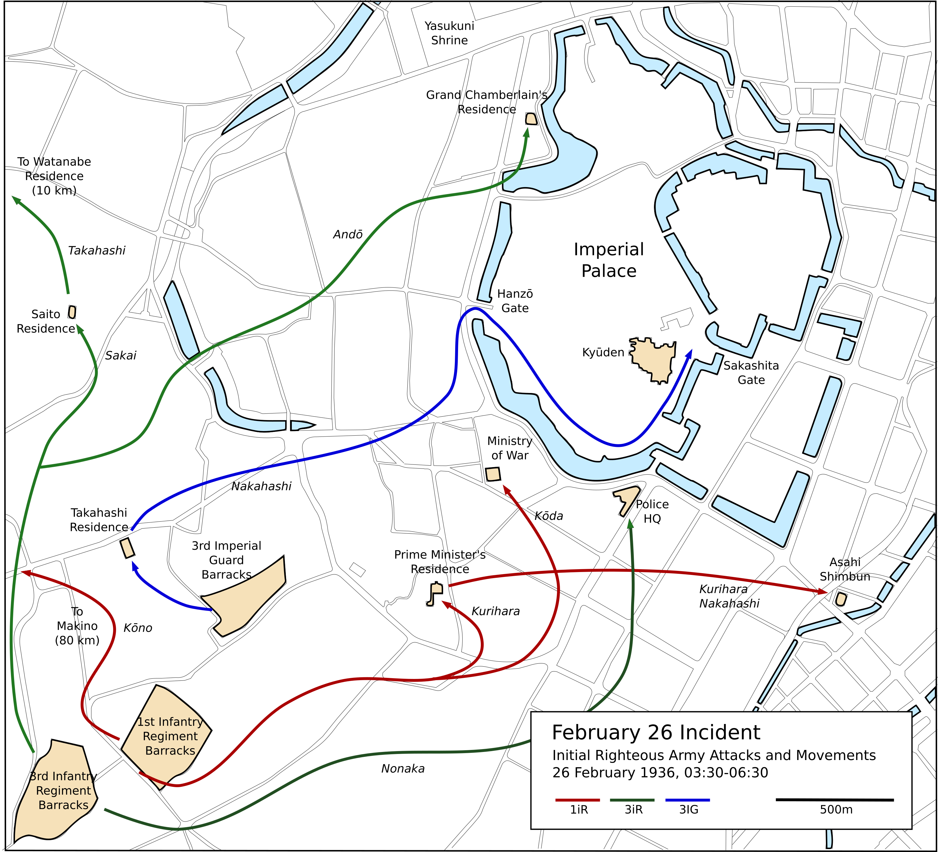 A map of military rebels' attacks in the 1936 February 26 incident.