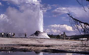 Castle geyser with tourists