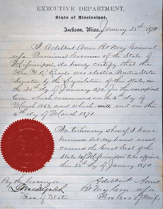 Credentials for Senator Hiram Rhodes Revels of Mississippi, the first African American to serve in the Senate, January 25, 1870.