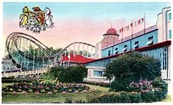 Cyclone coaster and exterior Crystal Ball Room Crystal Beach Ontario postcard cropped.JPG