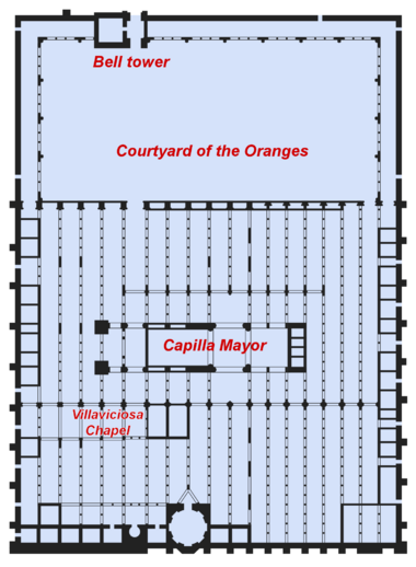 Floor plan of Mosque of Córdoba (rotated and labelled)