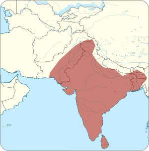 Map of South Asia showing highlighted range covering almost all of India and portions of adjoining countries