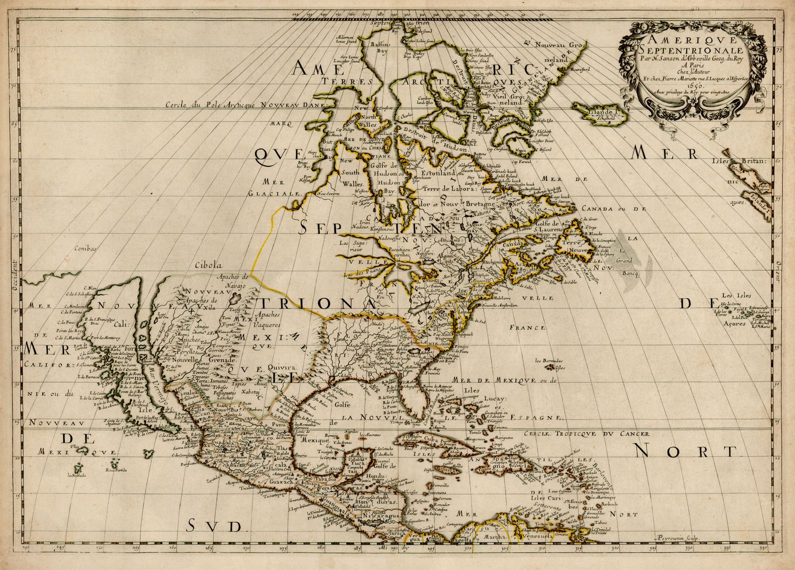 Much of New France's "Pays d'en Haut" (Upper Country) remained unexplored in the mid-1600s; Nicolas Sanson d'Abbbeville's 1650 map was the first to show all five Great Lakes