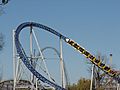 Millennium Force yellow train overbanked turn