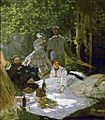 Claude Monet painting Déjeuner sur l'herbe from 1866 artists stiing on picnic blanket