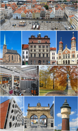 From top: Republic Square; Cathedral of St. Bartholomew; Renaissance City hall, Great Synagogue; Techmania Science Center; Lochotín park, New Theatre; Prazdroj brewery gate; and brewery water tower.