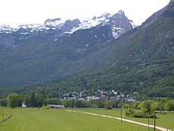 View of the town of Bovec and the Kanin mountains