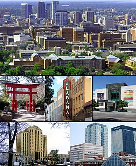 From top left: Downtown from Red Mountain; Torii in the Birmingham Botanical Gardens; Alabama Theatre; Birmingham Museum of Art; City Hall; Downtown Financial Center
