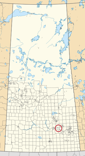 A map of the province of Saskatchewan showing 297 rural municipalities and hundreds of small Indian reserves. One is highlighted with a red circle.