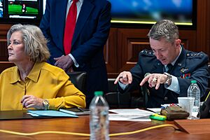 Chief of Staff Susie Wiles, President Donald Trump, and Chairman of the Joint Chiefs of Staff Dan Caine meet in the Situation Room of the White House (54609012708)