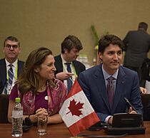 Chrystia Freeland with Justin Trudeau in Lima, Peru - 2018 (40793939784) (Cropped)