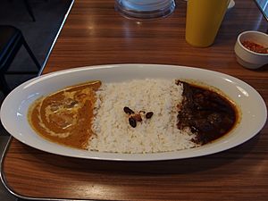 Combination plate with chicken and beef curry, with rice