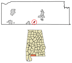 Location of Pollard in Escambia County, Alabama.