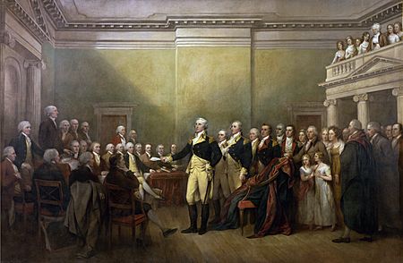 American General George Washington resigning his commission as commander-in-chief of the Continental Army to the Congress of the Confederation at Annapolis, Maryland on December 23, 1783