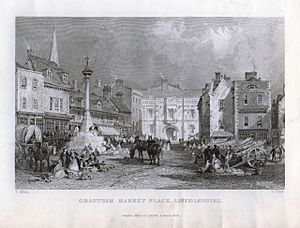 Grantham Market Place with Angel and Royal Hotel, Lincolnshire, England 1836