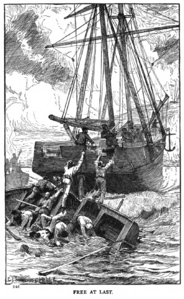 Illustration by C. J Staniland (1838-1916) and J. R. Wells (1849-1897) for The pirate island (1884, Blackie, London) by Harry Collingwood (1843-1922)-by courtesy of the Hathi Trust-page328-Attack by Pirates